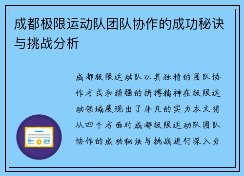 成都极限运动队团队协作的成功秘诀与挑战分析