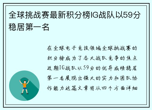 全球挑战赛最新积分榜IG战队以59分稳居第一名