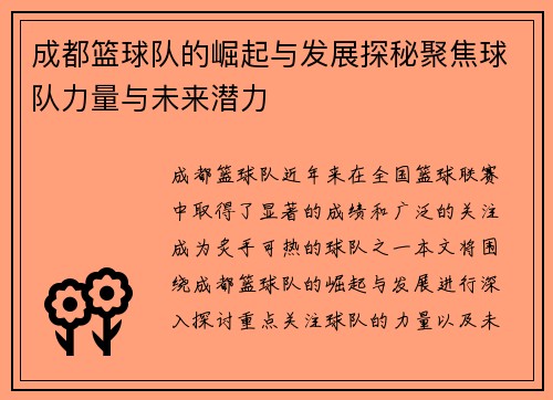 成都篮球队的崛起与发展探秘聚焦球队力量与未来潜力