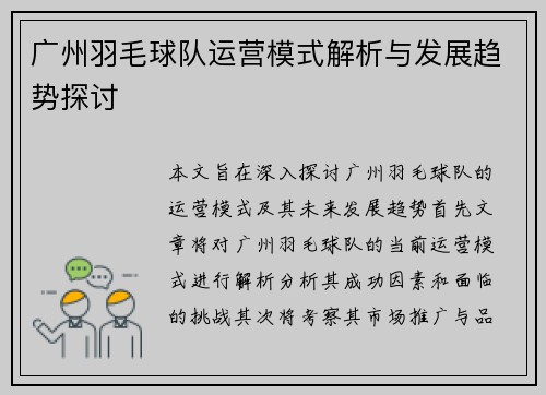 广州羽毛球队运营模式解析与发展趋势探讨